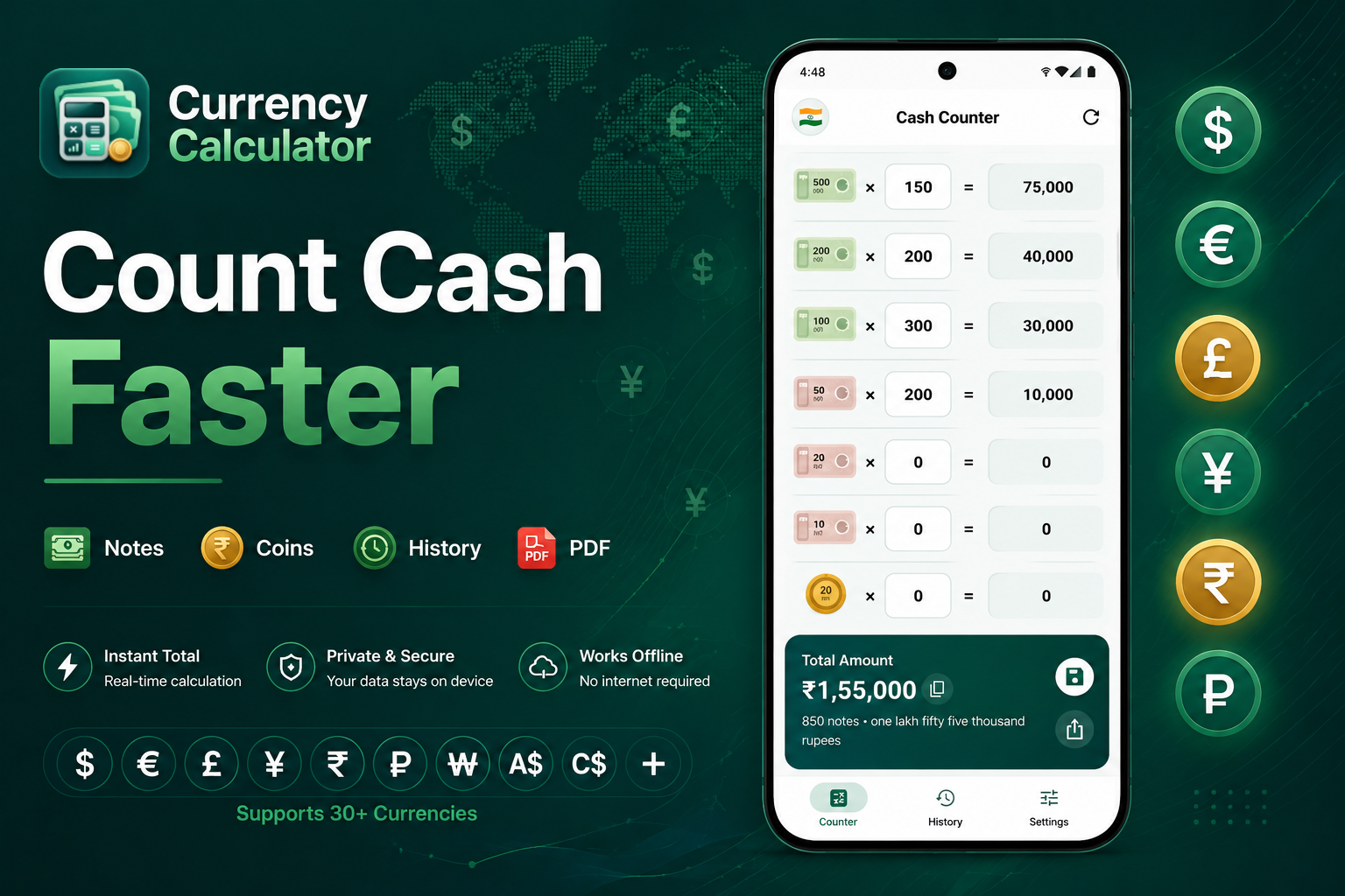 Cash Counter app preview showing cash counter totals, currencies, notes, coins, history, and PDF features.
